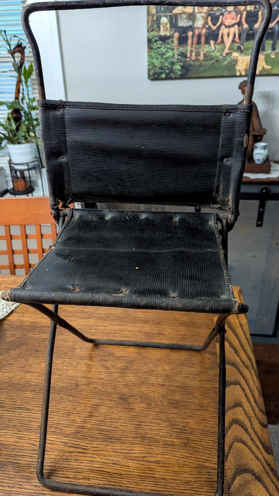 Antique  Folding Chair 1900s??? Metal and Leather 27" x 11" Childs Chair??