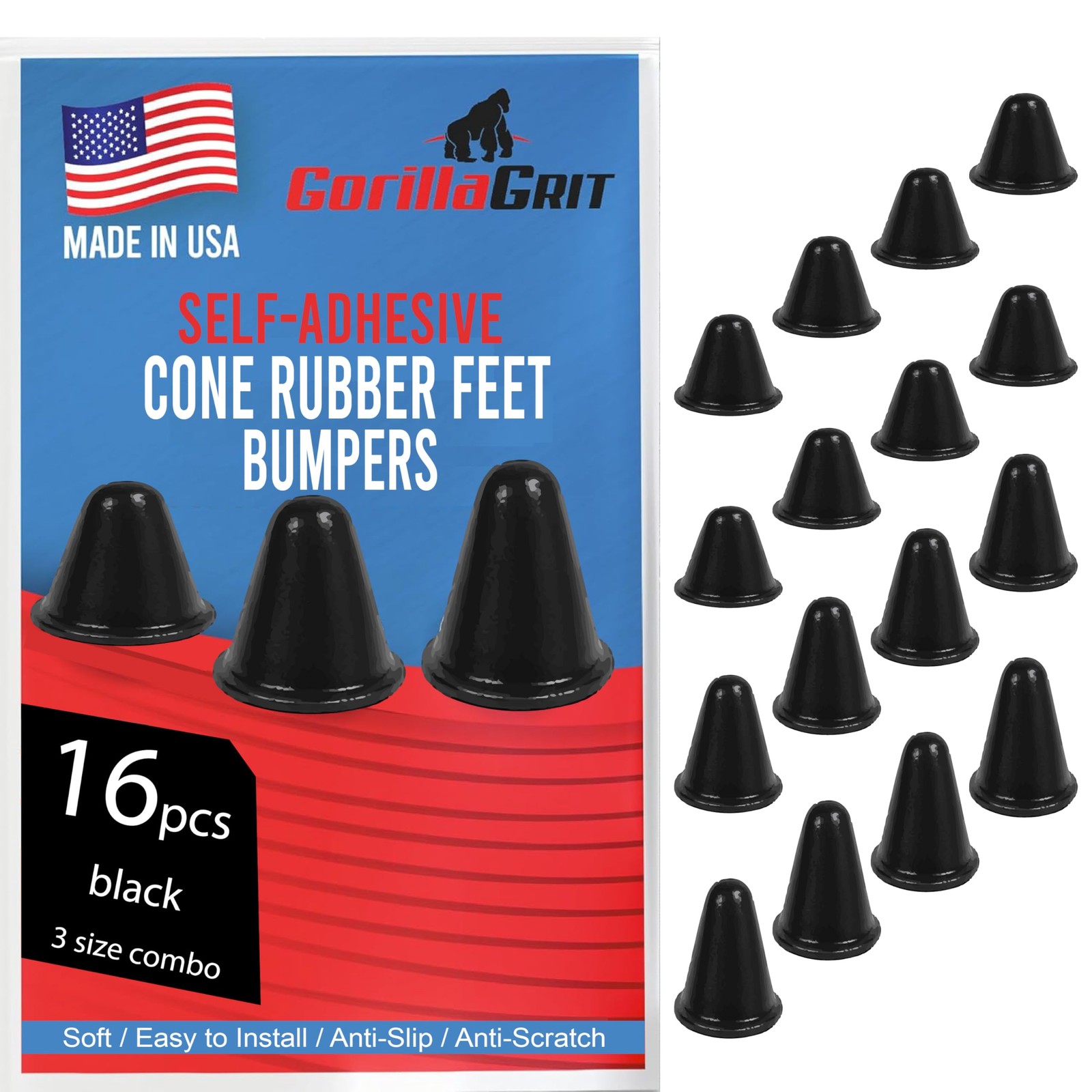 Conical Rubber Bumpers Black - 16 PC Combo - Tall 16pc Combo,