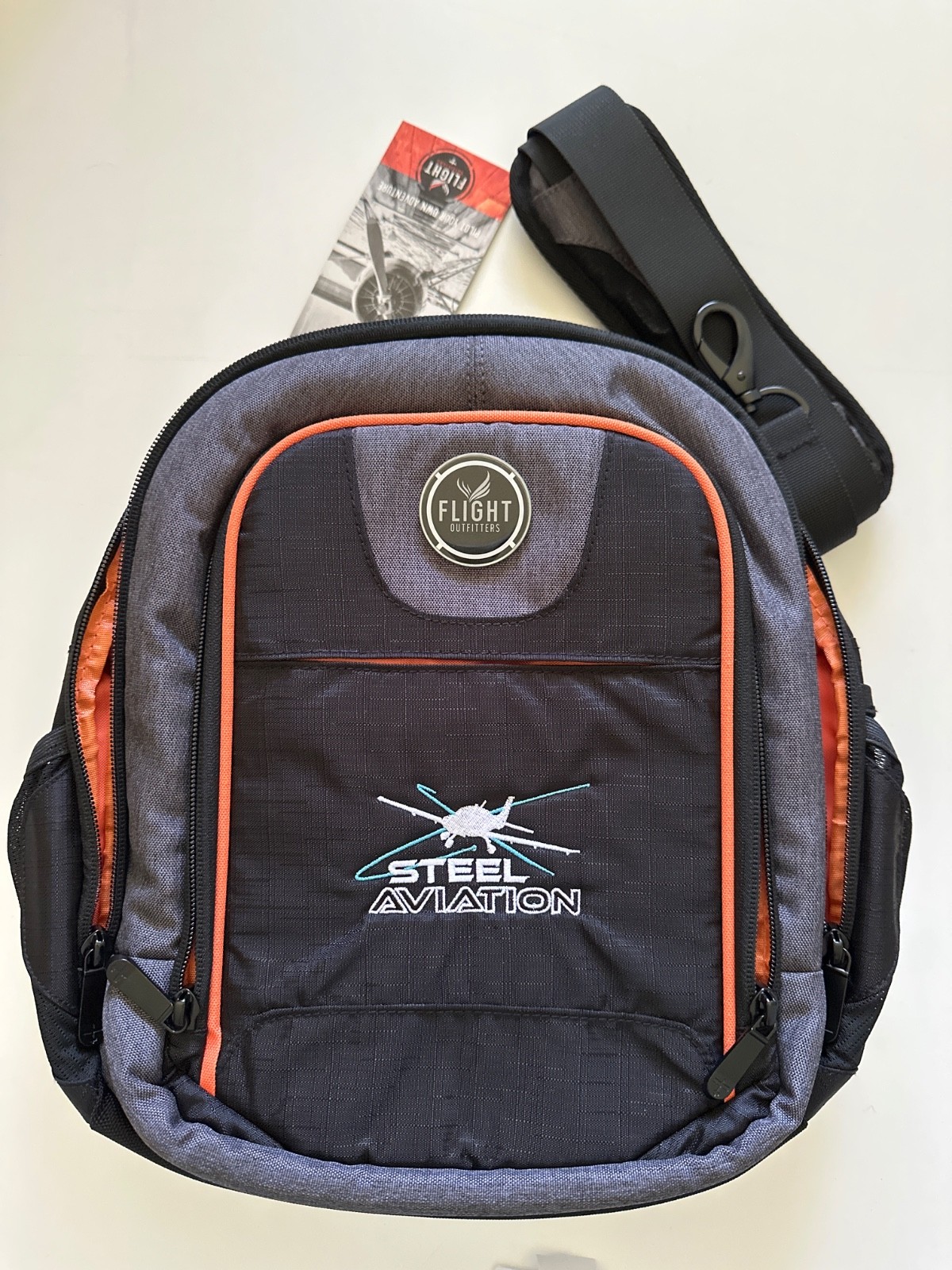 Flight Outfitters Steel Aviation Backpack Black Orange Trim Shoulder Strap NEW