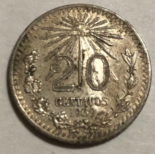 Mexico 1939 20 Centavos Silver Plata Coin