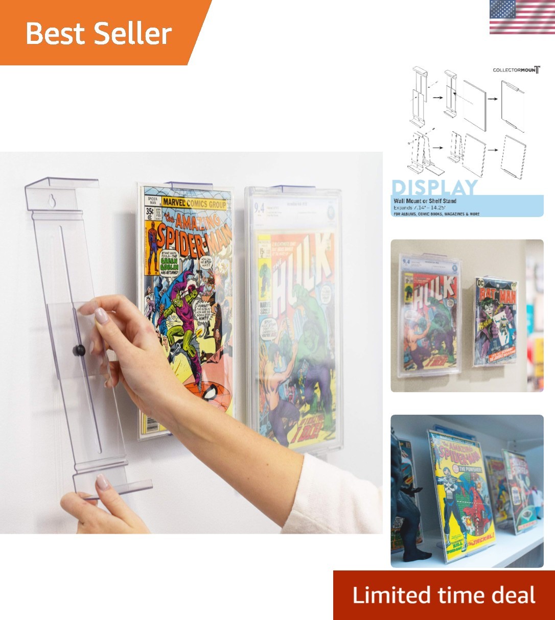 Modern Adjustable Comic Book Display | Wall Mount & Shelf 1 Pack | Bronze Finish