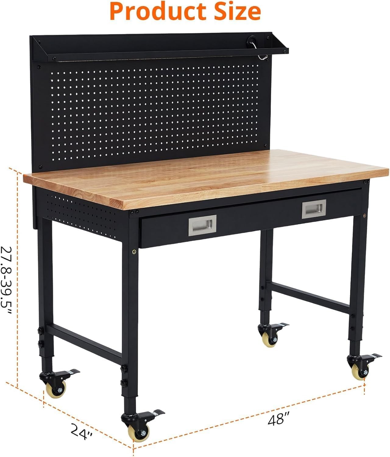 48" Workbench with Pegboard, Power Outlets & Drawer, Adjustable Height Worktable