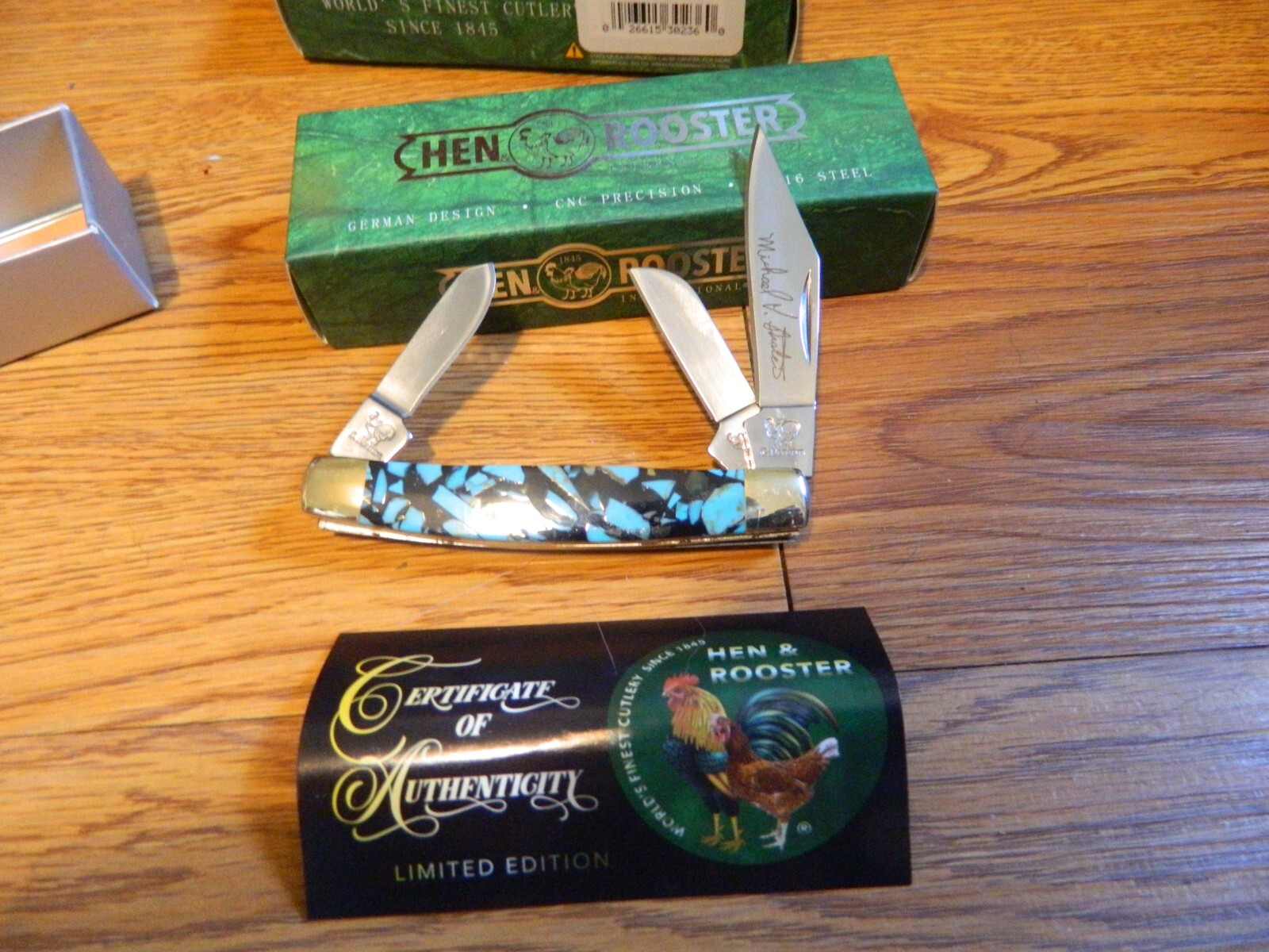 PRATER & HEN & ROOSTER SIGNATURE SERIES 3.5" STOCKMAN 3-BLADE  TURQUOISE CHUNKS