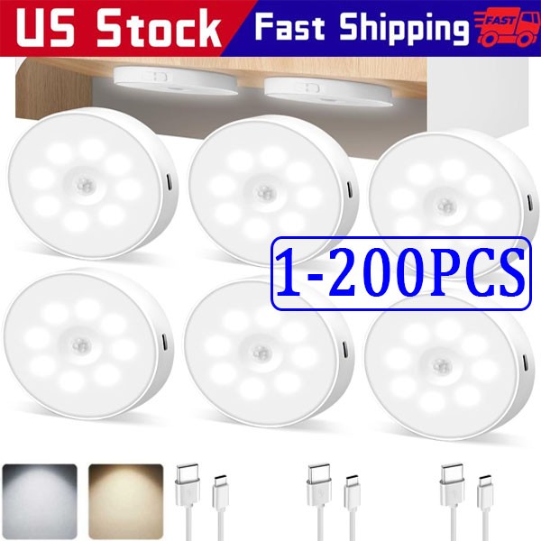 LED Motion Sensor Under Cabinet Closet Light USB Rechargeable Kitchen Lamp