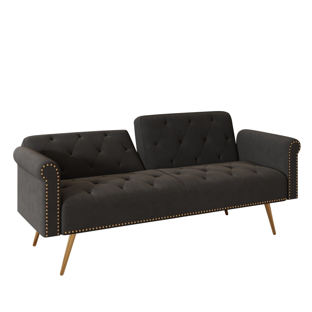 69.7" Black Velvet Sofa Bed - Nail Head Trim + Matching Throw Pillow