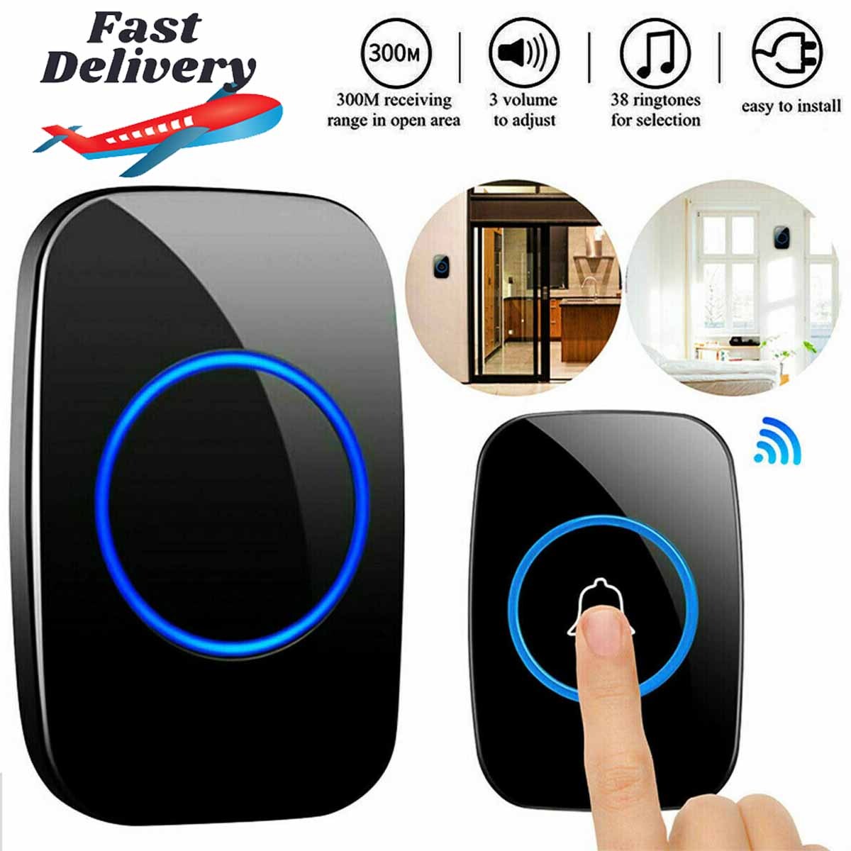 CACAZI Wireless Doorbell, Waterproof Door Bell Chime Kit Alarm for Home, Office