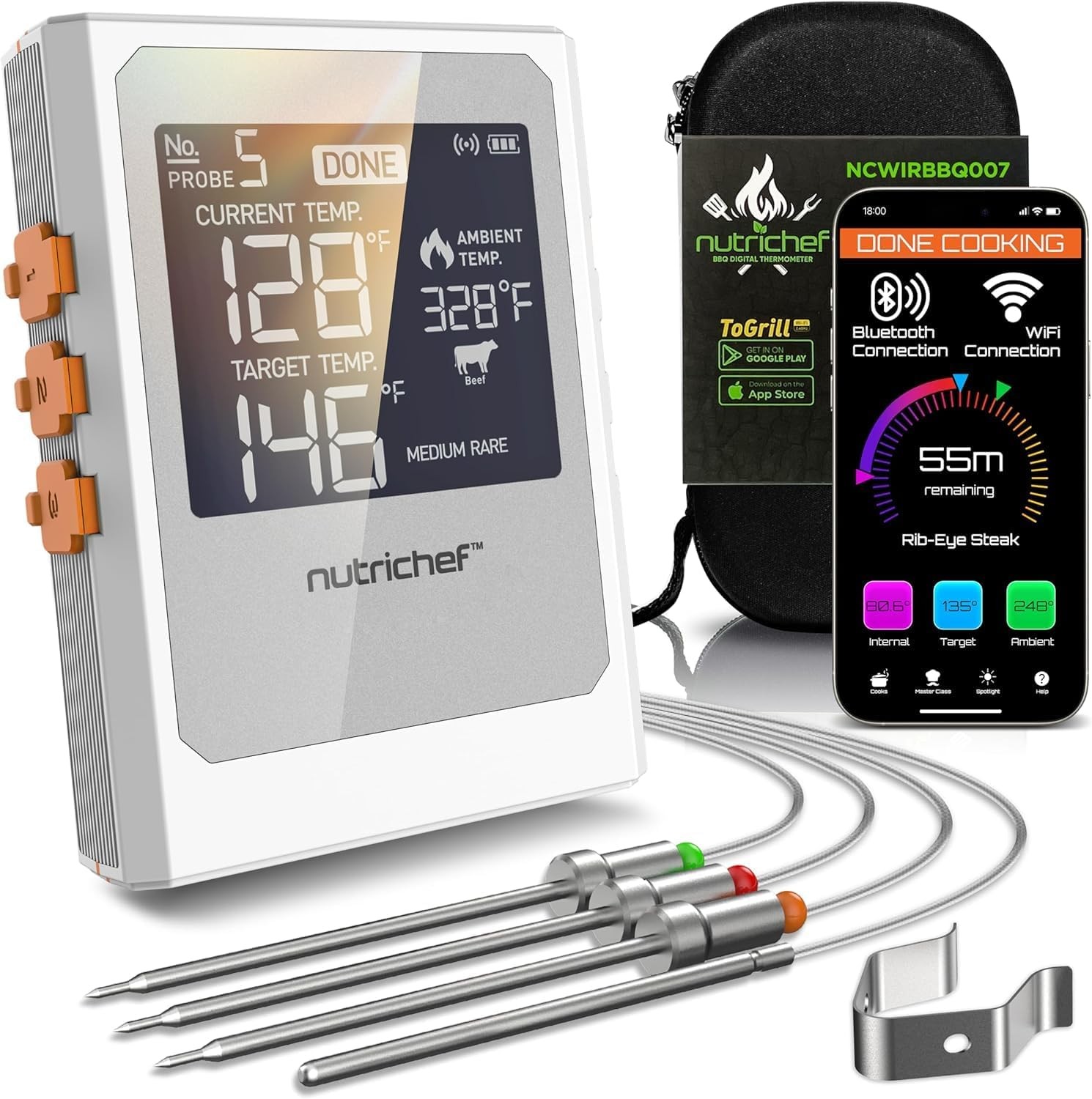 Nutrichef NCWIRBBQ007 Wireless Meat Thermometer with 2 Stainless Steel Probes