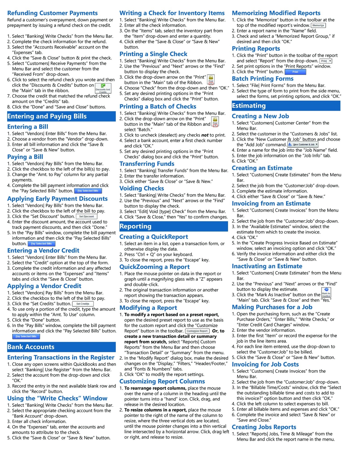 QuickBooks Pro 2024 Training Guide Quick Reference Card 4 Page Cheat Sheet