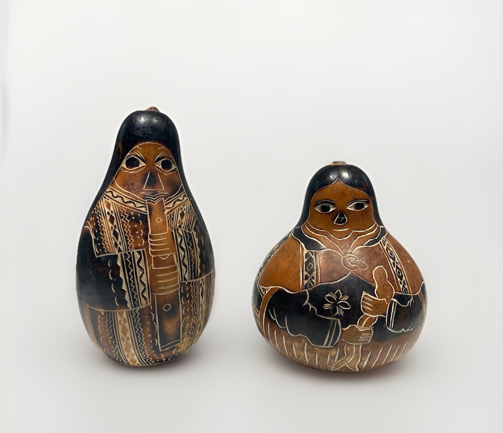 Peruvian Dried Gourd Hand Carved and Etched Set of 2 Hand Painted Folk Art