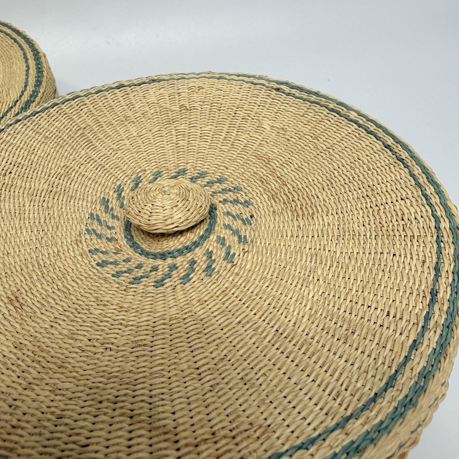 Set 2 Beige Teal Green Tightly Woven Nesting Baskets Lids Boxes Round 5.75" Boho