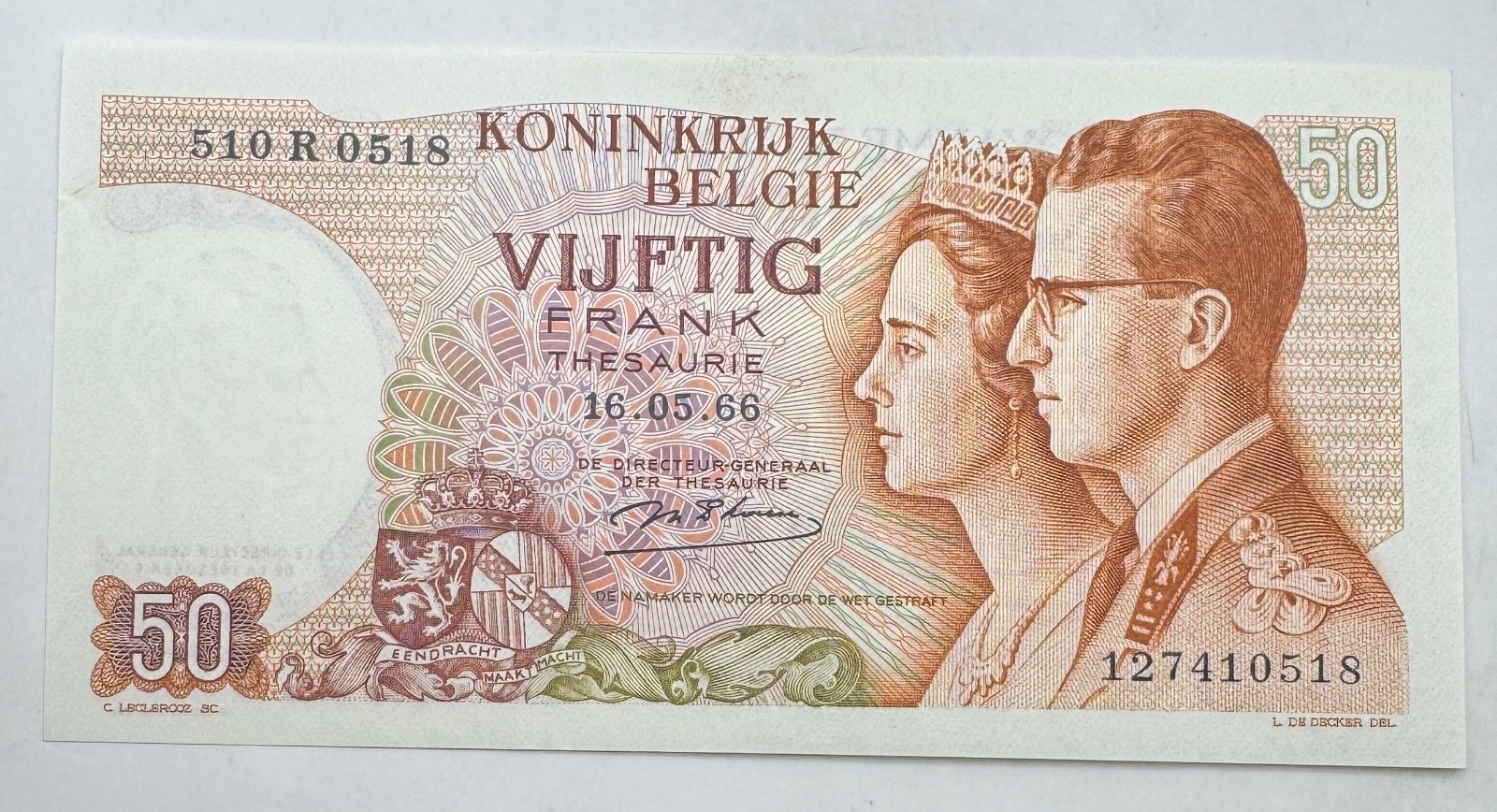 1966 UNC Belgium 50 Francs World Note - Belgique Cinquante Franc - Fifty Frank
