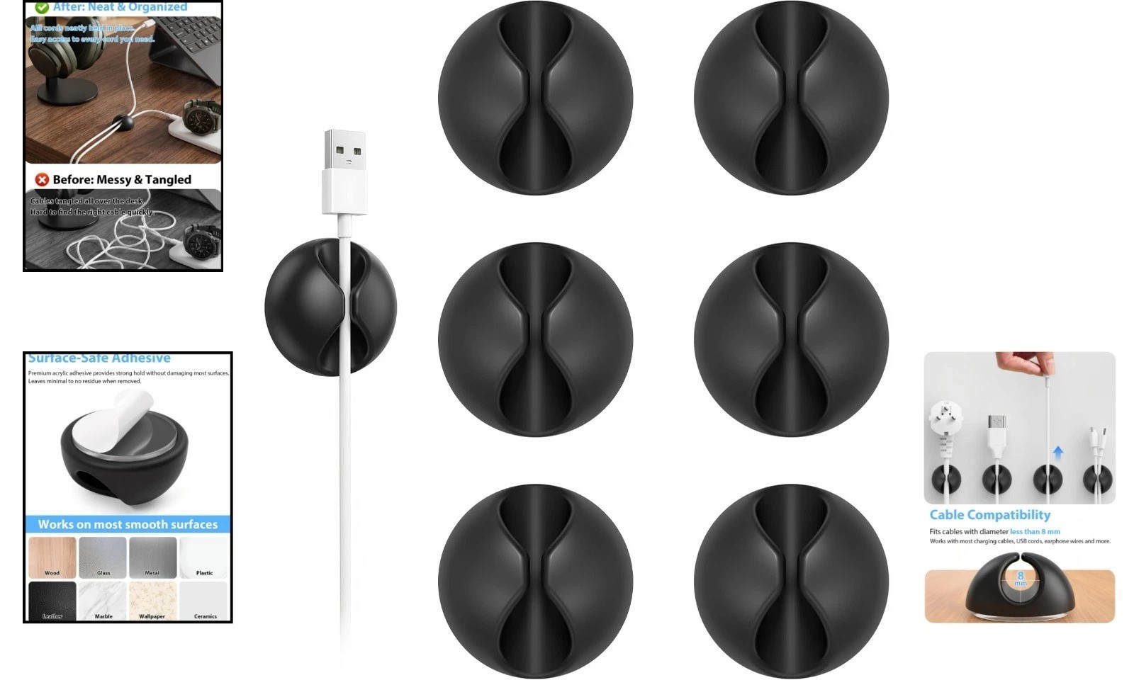 Compact Self-Adhesive Cable Clips | 6pc Rubber Cord Keeper for Clean Surfaces