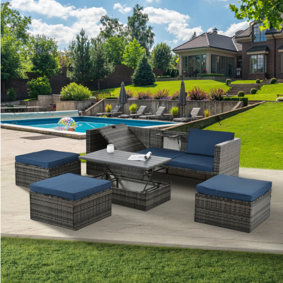 Sofa Set With Chaise Longue. Patio Furniture, Outdoor Wicker Furniture with Coff