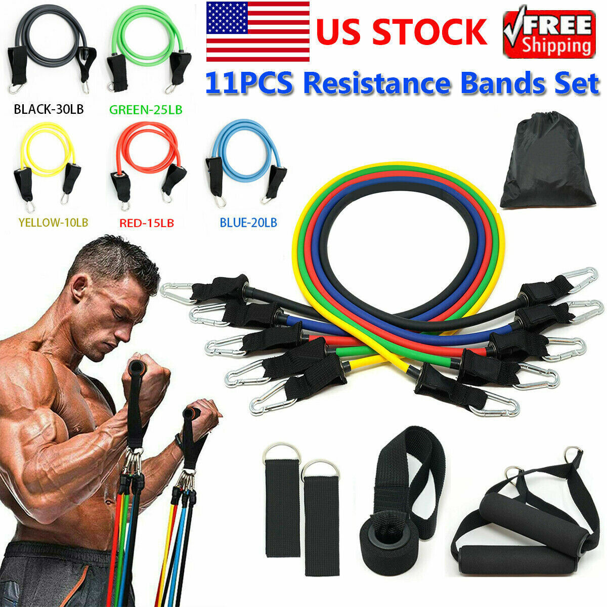 11 PCS Resistance Band Set Yoga Pilates Abs Exercise Fitness Tube Workout Bands
