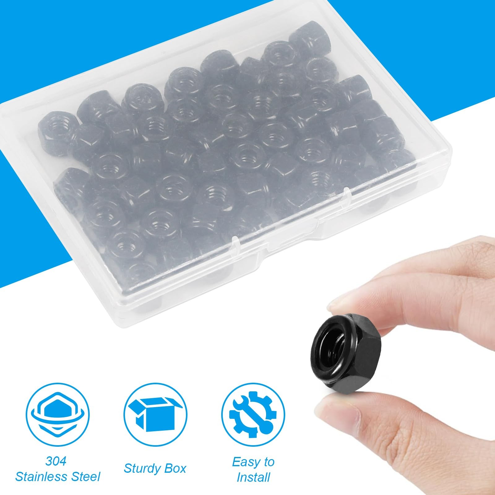 Yinpecly 50Pcs #8-32 Nylon Insert Hex Lock Nuts 304 #8-32; 50pcs, Black