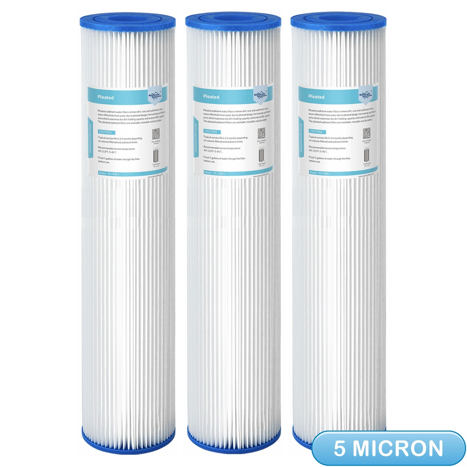3 Pack 20" x 4.5" 5 Micron Washable Pleated Sediment Water Filter Whole House