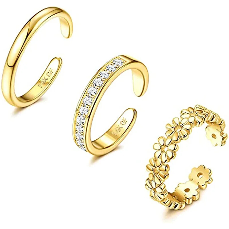 Gold Tone Toe Rings Set for Women Adjustable Bands with CZ Flower Detail