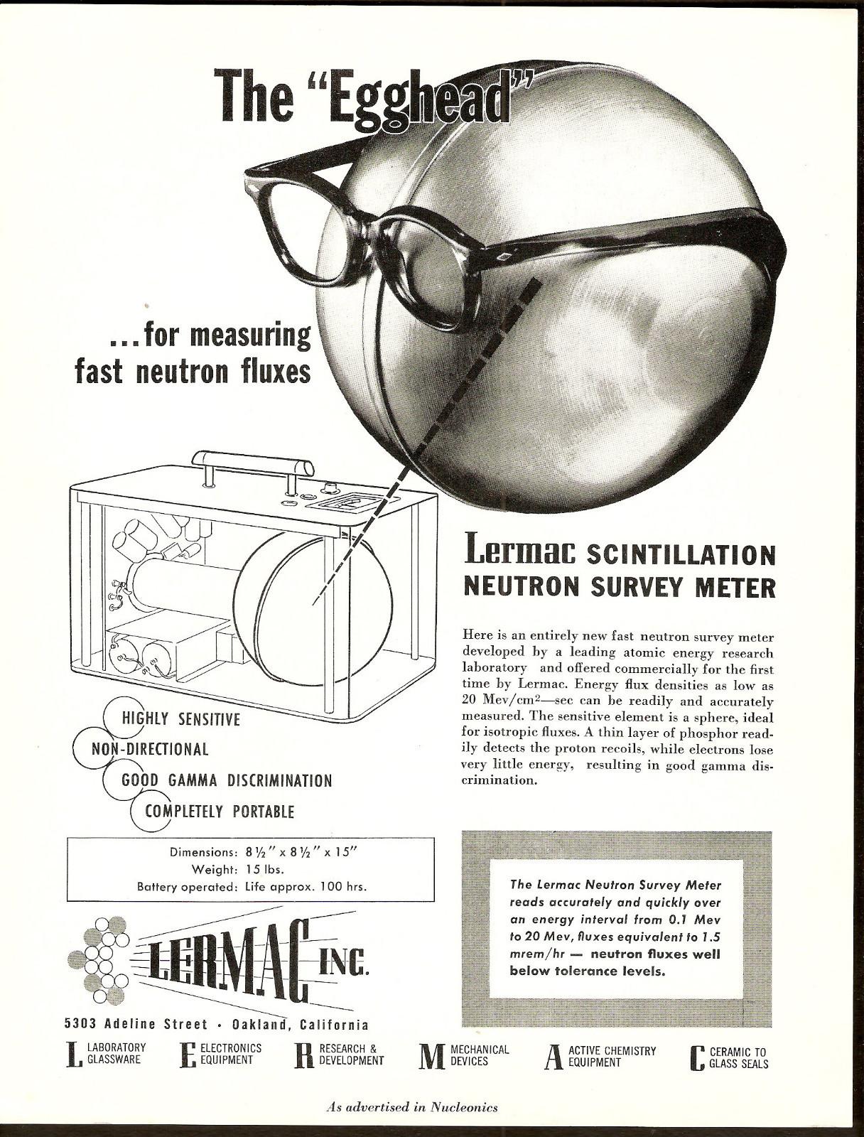 1950's Advertising Sheet LERMAC Egghead SCINTILLATION NEUTRON Flux SURVEY METER