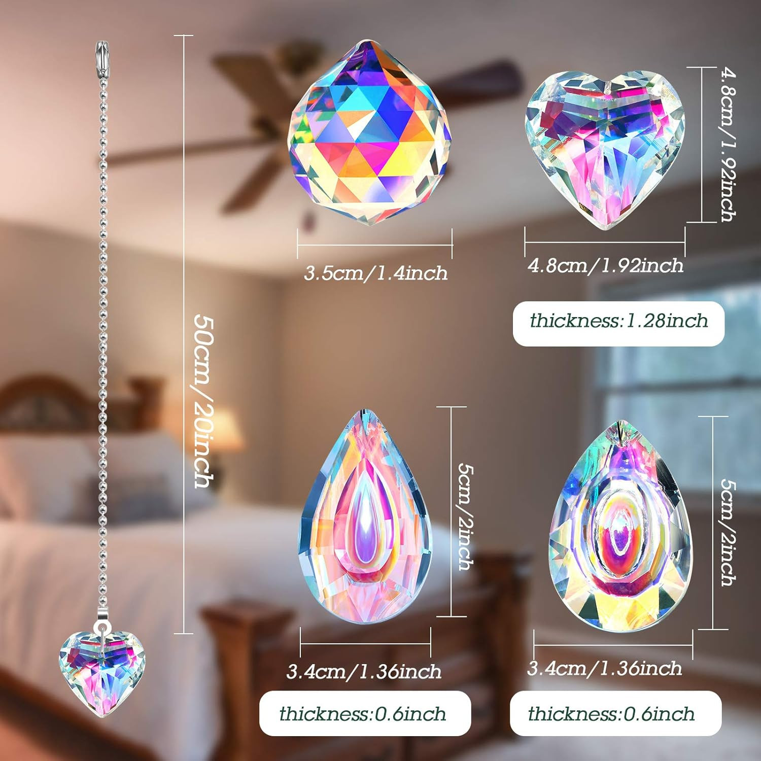 4 Pieces Crystal Ceiling Fan Pull Chain Decorative Rainbow Pull Chain Extension