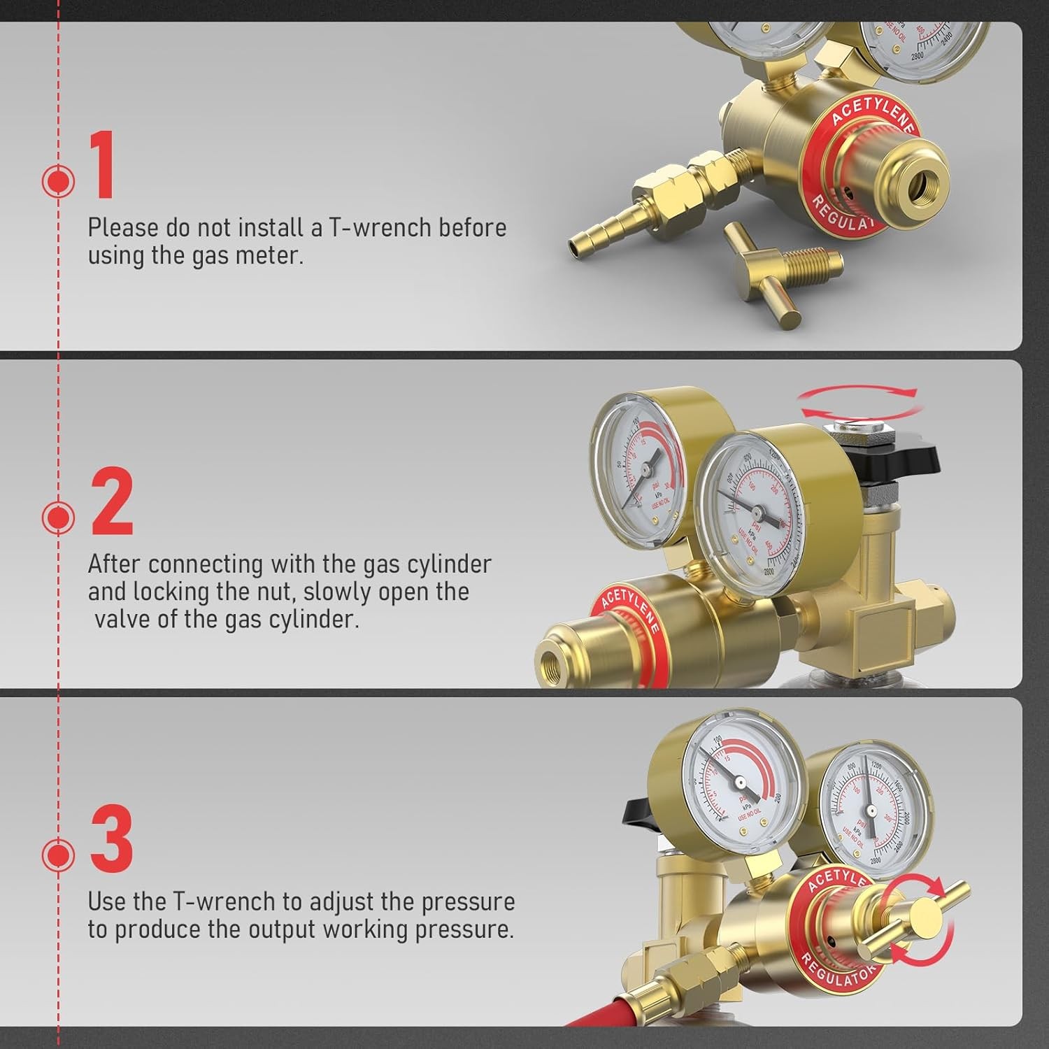 Acetylene & Oxygen Regulator, CGA540 & CGA200, with T-Handle & Hose Connector