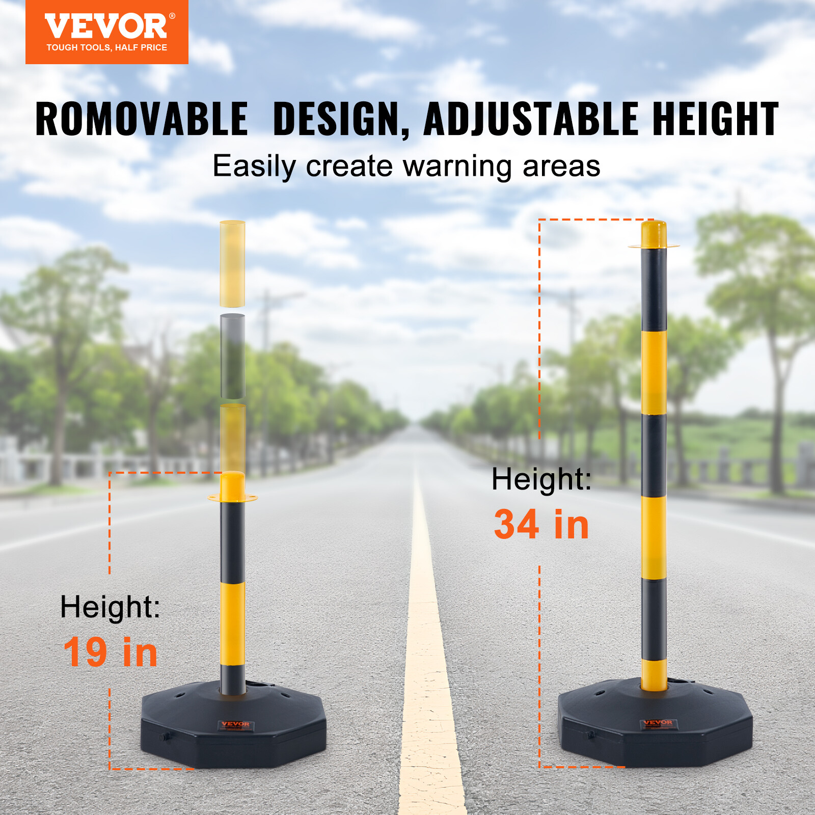 VEVOR 6PCs Traffic Delineator Post Cones with Fillable Base 8FT Chain Adjustable