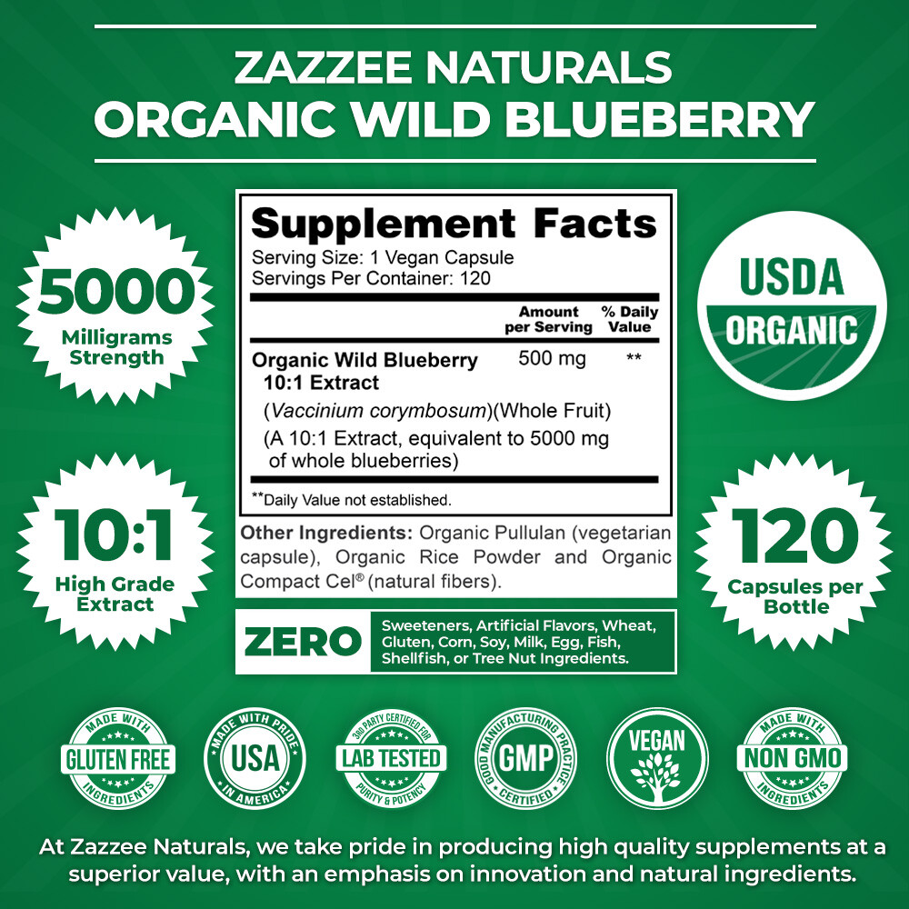 USDA Organic Wild Blueberry Extract Whole Fruit 5000 mg Strength 10:1 Extract