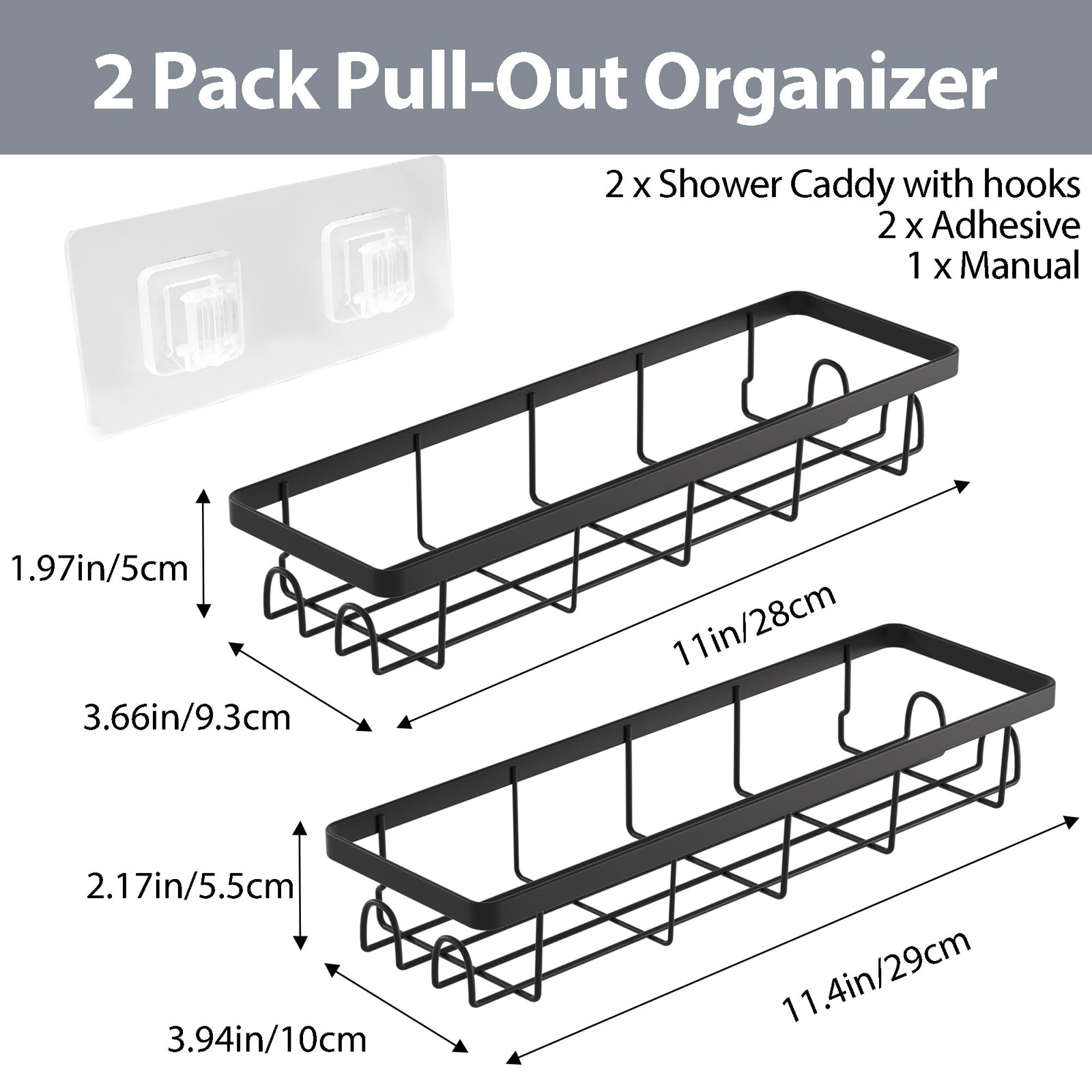 Uninol Shower Caddy Organizer with Hooks,Self Adhesive Bathroom 2 Pack, Black
