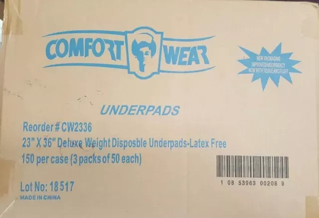 Comfort Wear Underpads 23" x 36" Disposable Bed Pads 150 Ct Latex Free Incontine