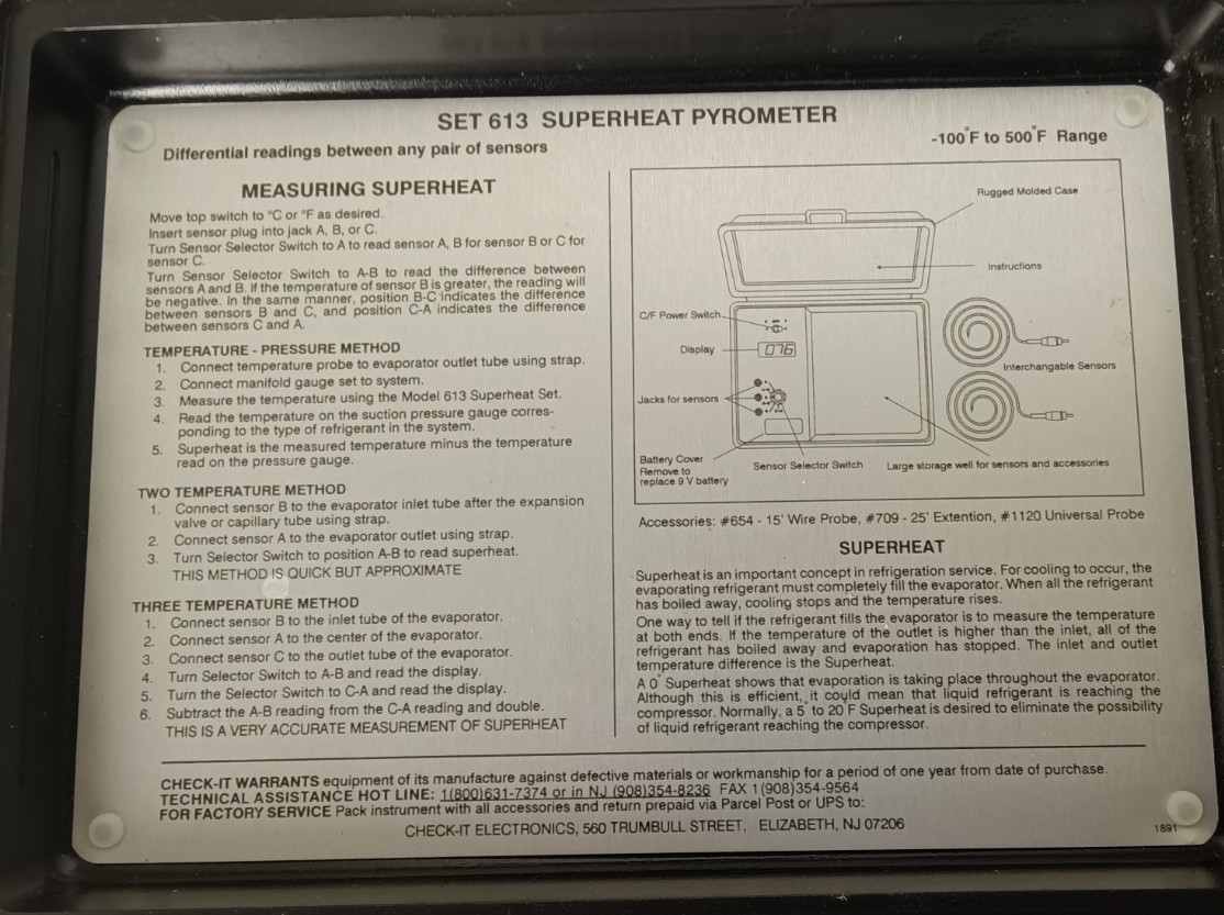 Digital Superheat Pyrometer Check-It Electronics Model 613 w/ Case & 15' Probes