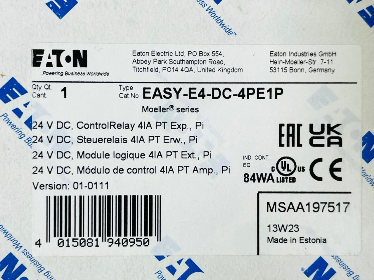 EATON EASY-E4-DC-4PE1P Control Relay Expansion Module