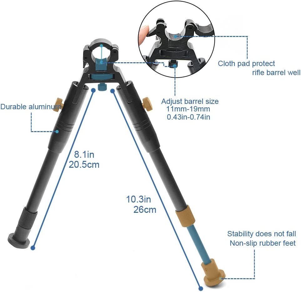 Adjustable 8''-10" Tactical Barrel Mount Bipod for Rifle - Swivel Stud Design