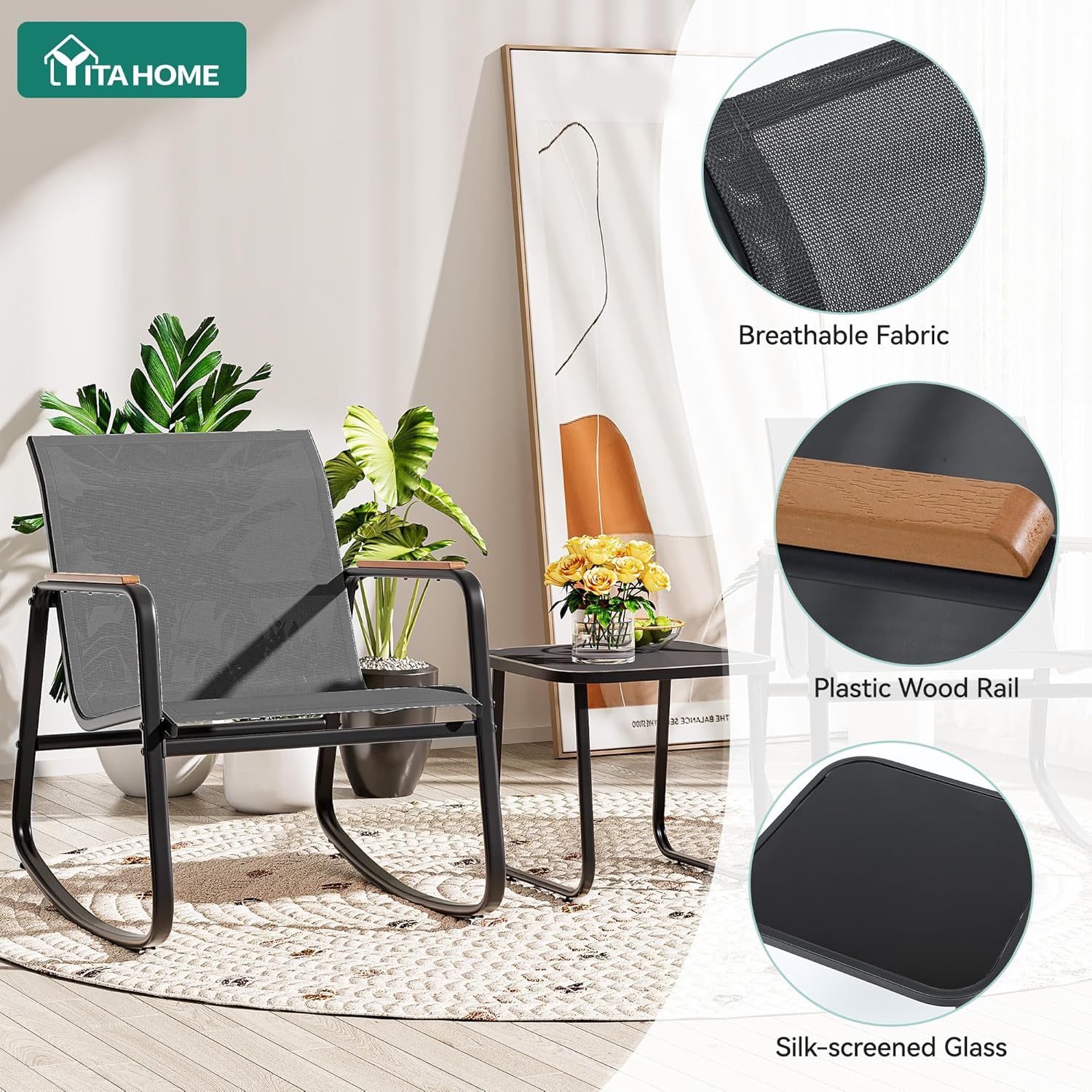 3 Piece Rocking Bistro Set, Outdoor Patio Furniture Set with Wooden Armrests, Po
