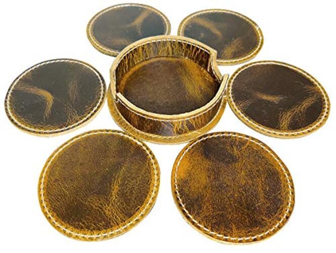 Leather Coasters for Drinks - Cup Coasters Coffee Table Kitchen Table Brown