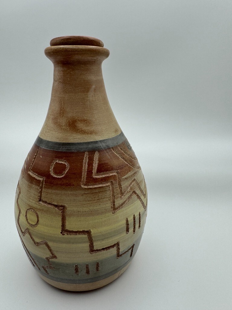 Vintage earthenware Aztec style jar and lid from Peru by renowned pottery studio