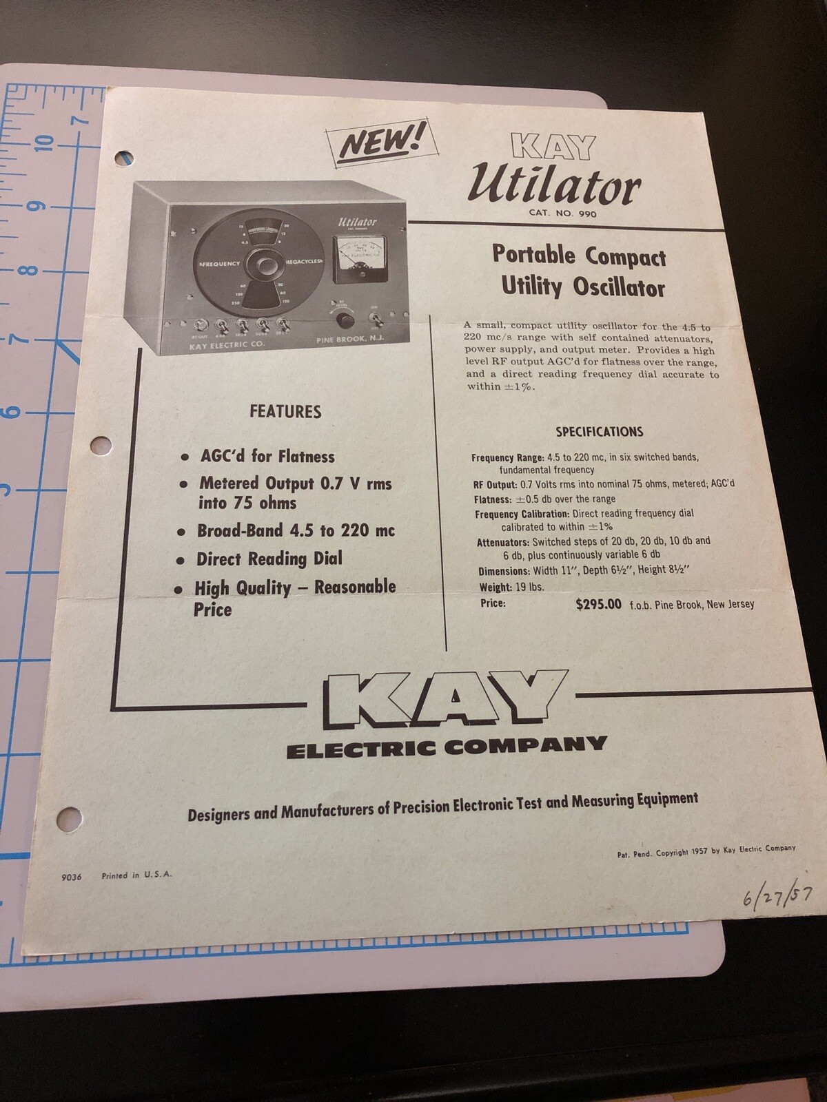 Vintage 1957 KAY ELECTRIC 990 Utilator 970A Transalyzer  Dealer spec sheet