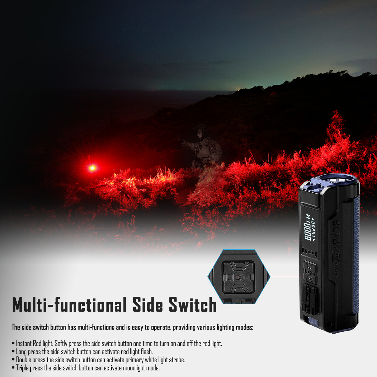 IMALENT BL70 EDC Flashlight 6000 Lumen CREE XHP70.2 LED Red Light Rechargeable
