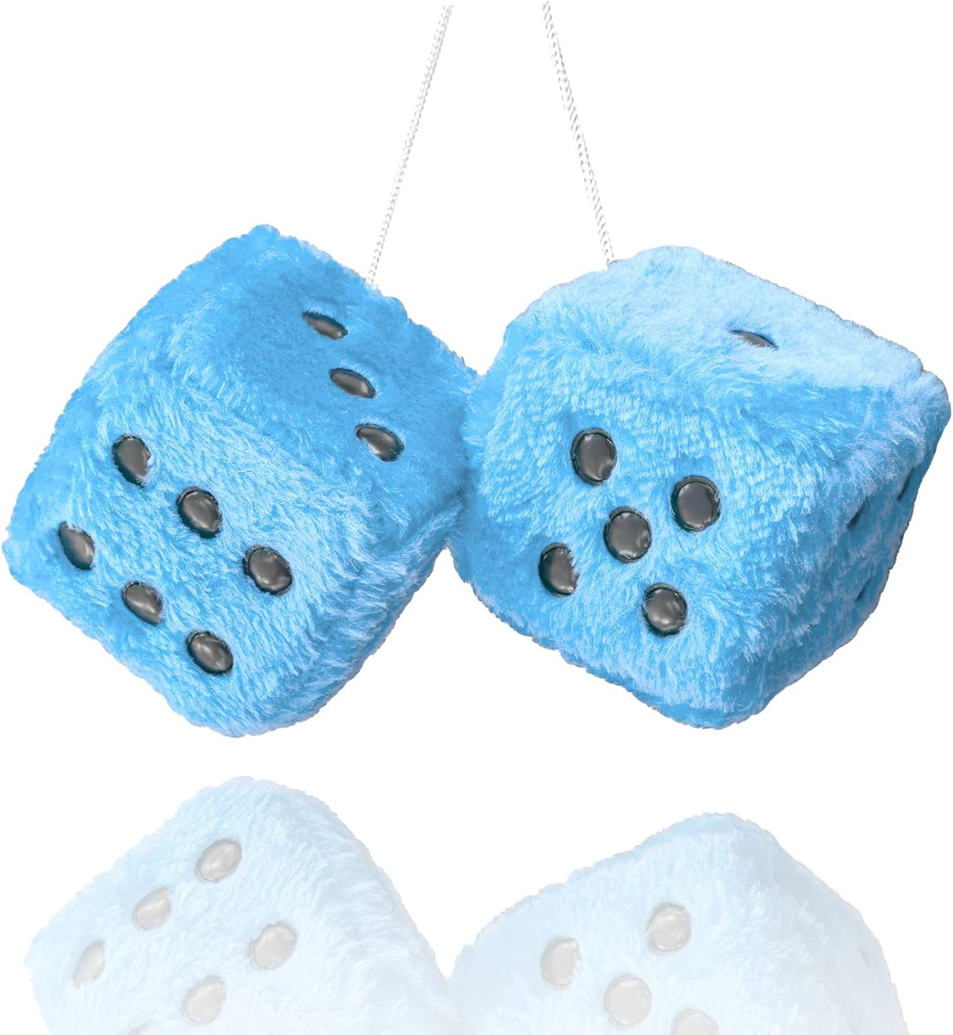 Fuzzy Plush Dice for Car Mirror, Pair of Retro 3” Light Blue Dice with Black Dot