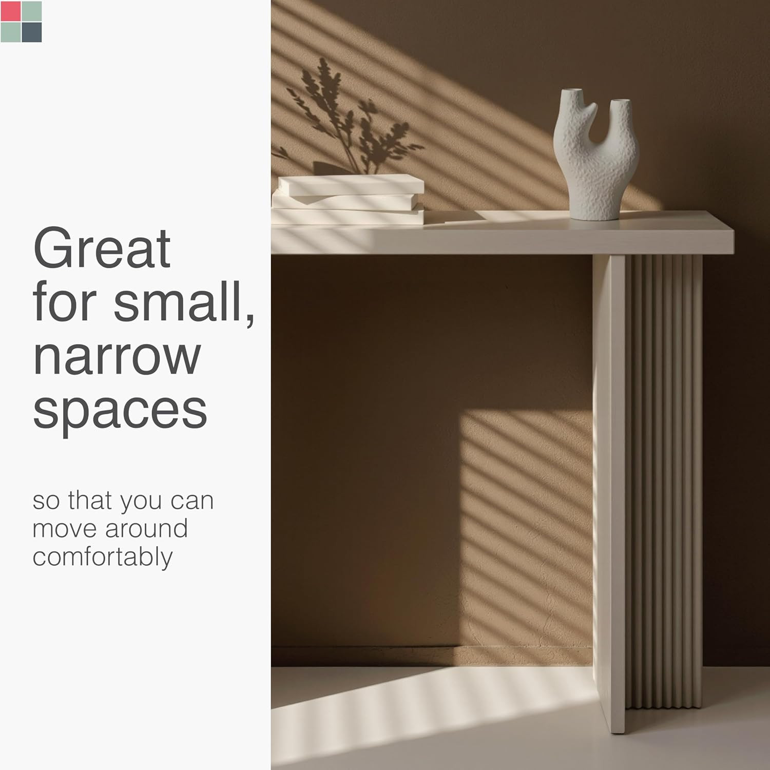 Fluted Console Table – Weathered White Solid Wood Entryway Table with Oak Grain