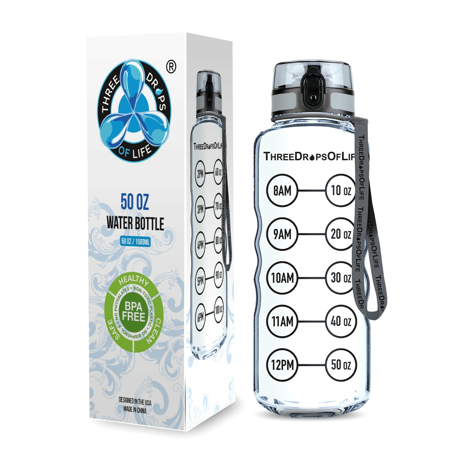 New Design with Three Side Grips - BPA Free Time Tracker Water Bottle - 50 oz