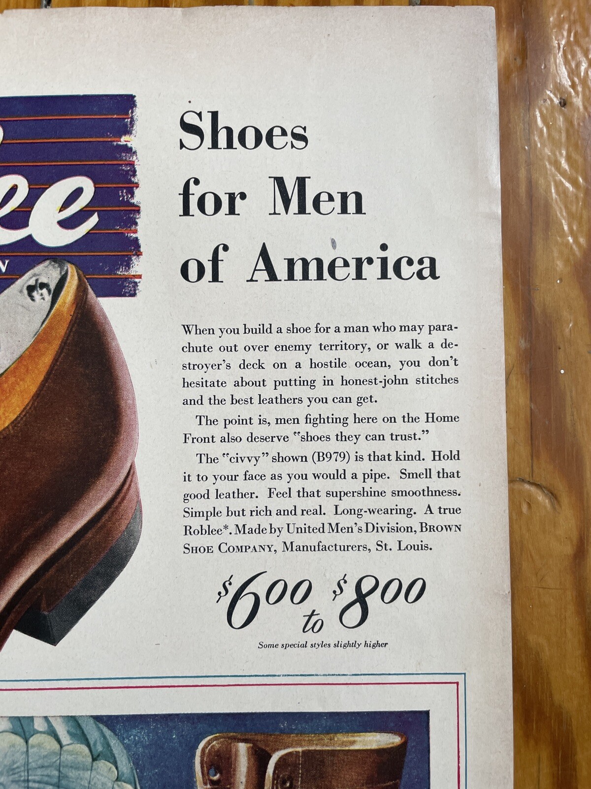Roblee Shoes for Men Vintage Print Ad Wartime 1940s Clothing Leather Parachute