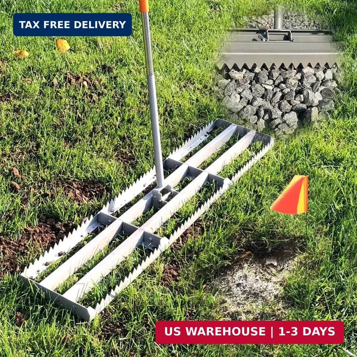 Lawn Leveling Rake, 2-in-1 Double-Side Leveler with 20 Marking Flags for Low Spo