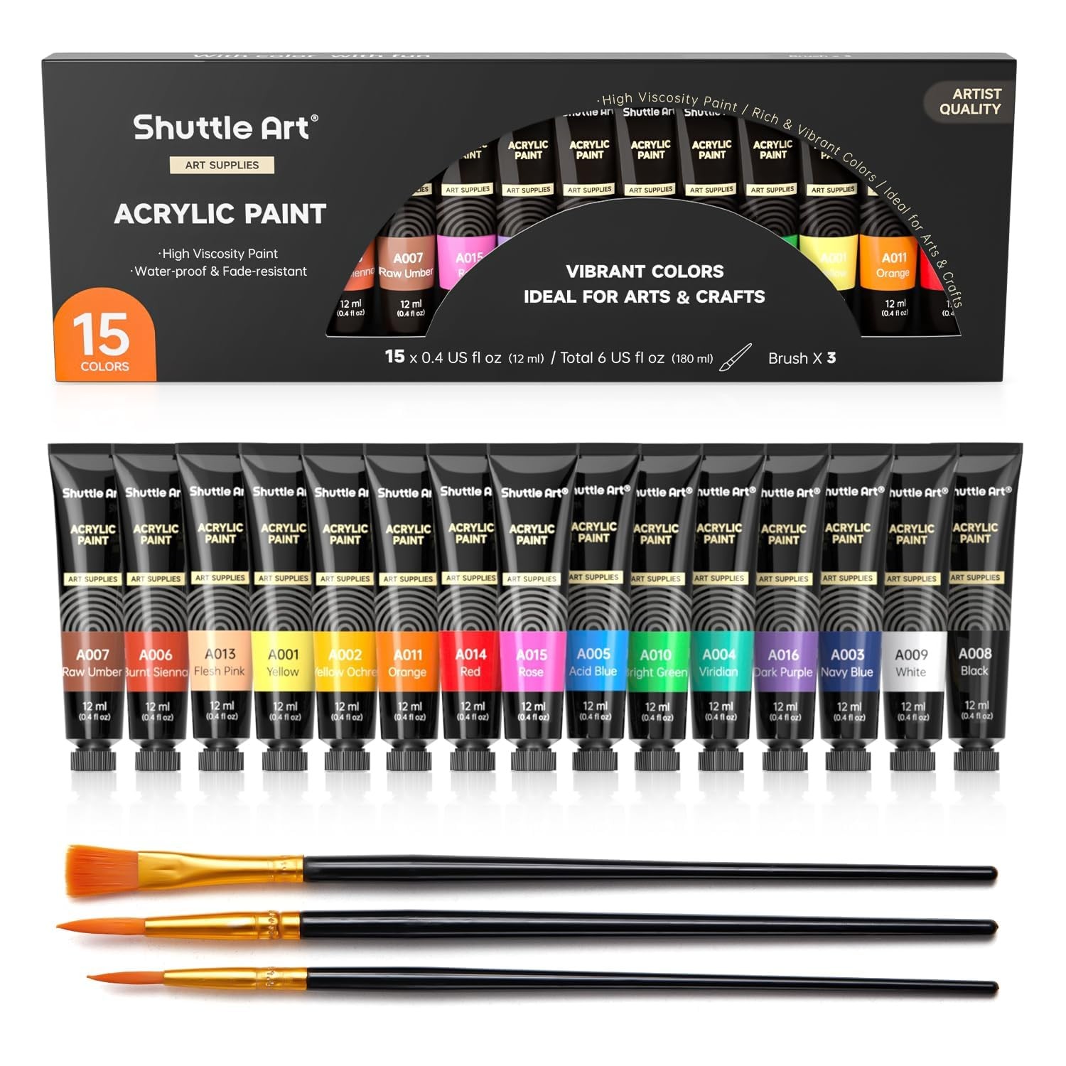 Shuttle Art Acrylic Paint Set, 15 x 12ml 0.4 Fl Oz (Pack of 15), 15 Colors