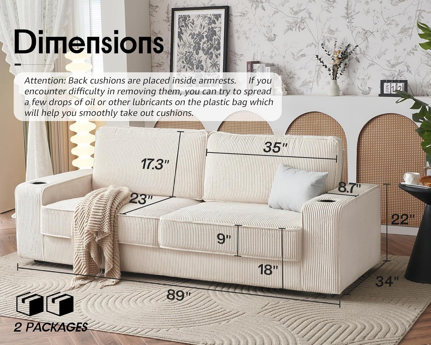 VanAcc Couch,Deep Seat Sofa with USB Charging Ports & Cup Holders,Comfy couch