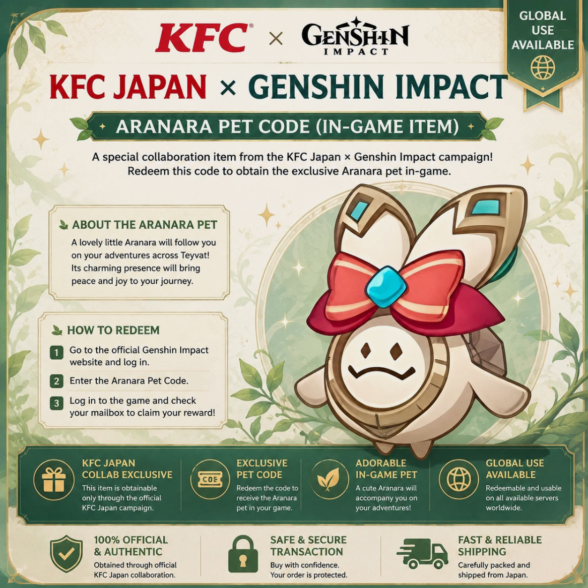 [Fast Delivery]Genshin Impact KFC Japan Aranara Pet Redeem Code Global Server