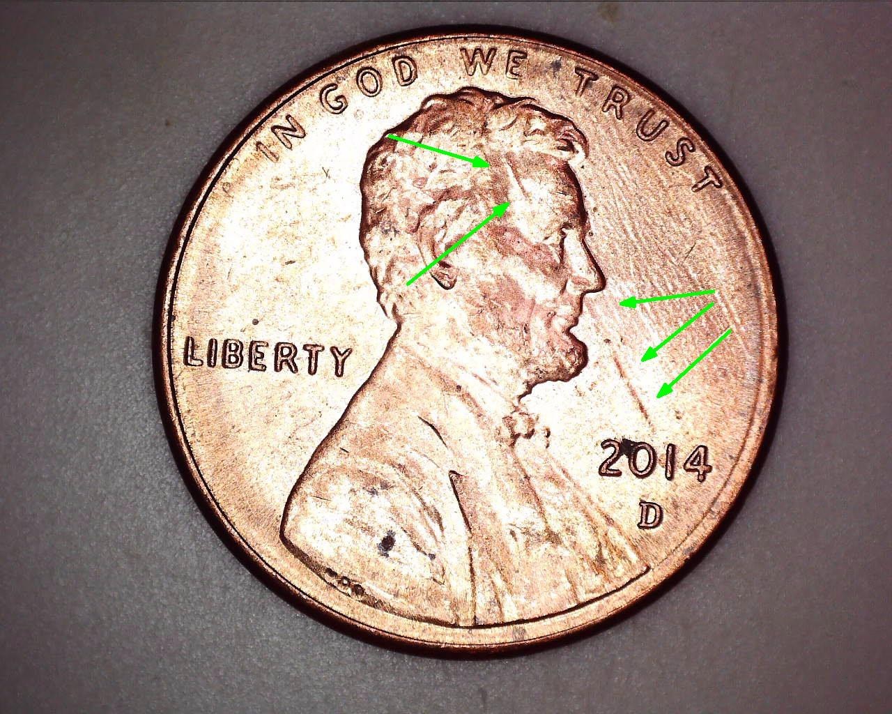 2014 Denver Penny ~ Several Die Chips through Head and onto Front Field