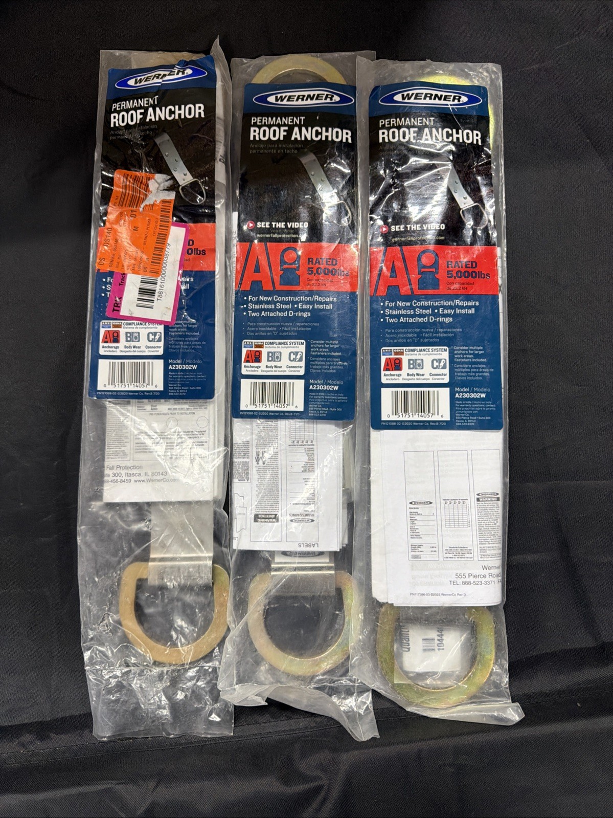 (Lot Of 3) WERNER STAINLESS STEEL PERMANENT D-RING ROOF ANCHOR A230302W -F6-