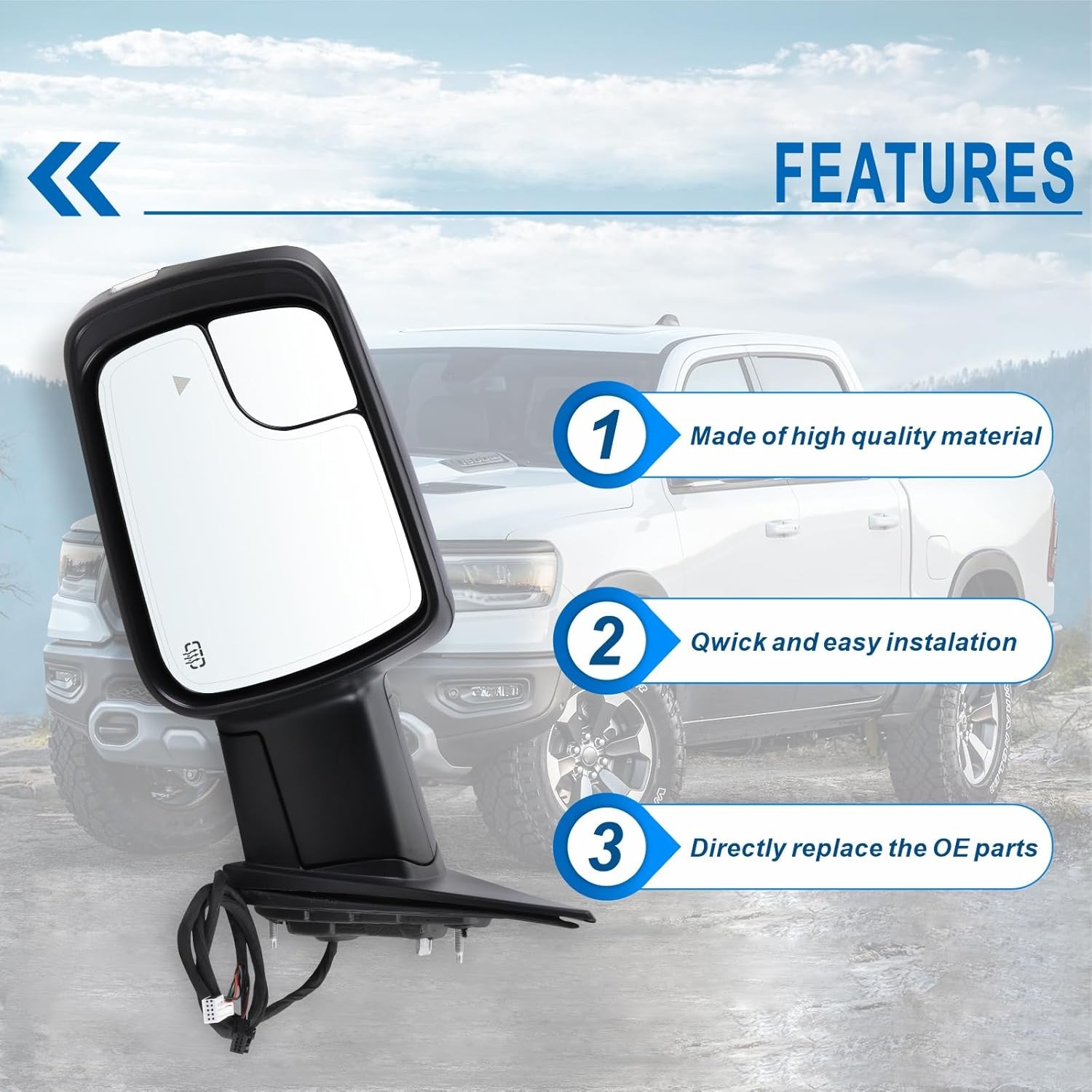 For Dodge Ram 1500 2019-2026 Left Driver Side Mirror Heated Signal Blind Spot