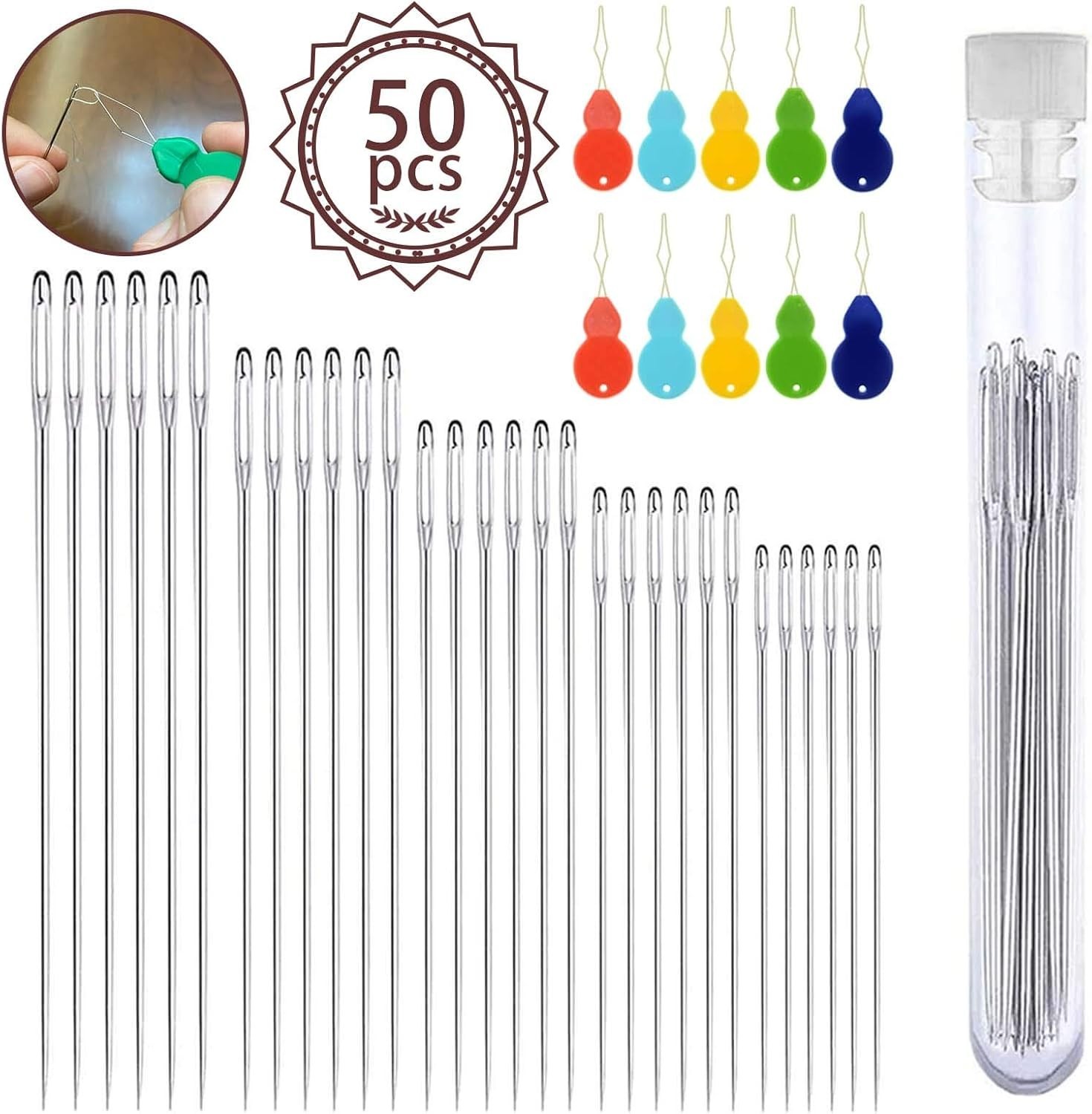 50 Large Eye Needles with Threaders & Storage - Effortless Sewing