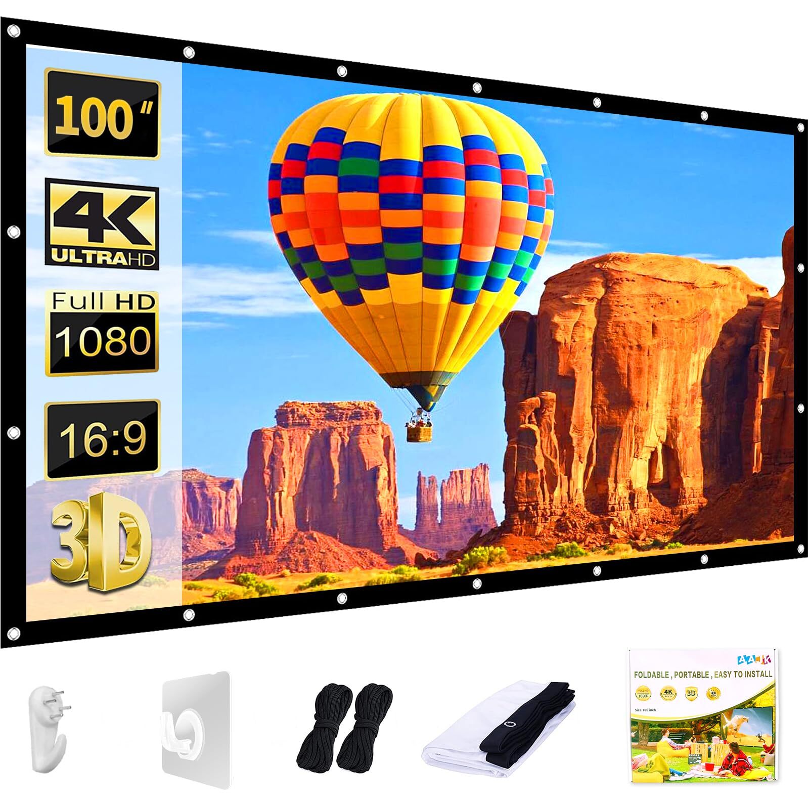100-Inch Washable Projector Screen 169 Foldable Anti-Crease Indoor/Outdoor Use