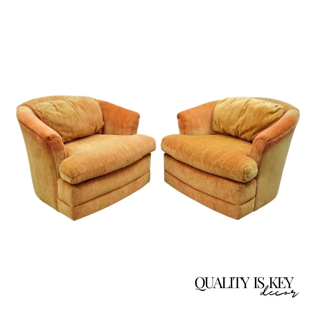 Mid Century Modern Orange Upholstered Swivel Lounge Club Chair by Flexsteel Pair